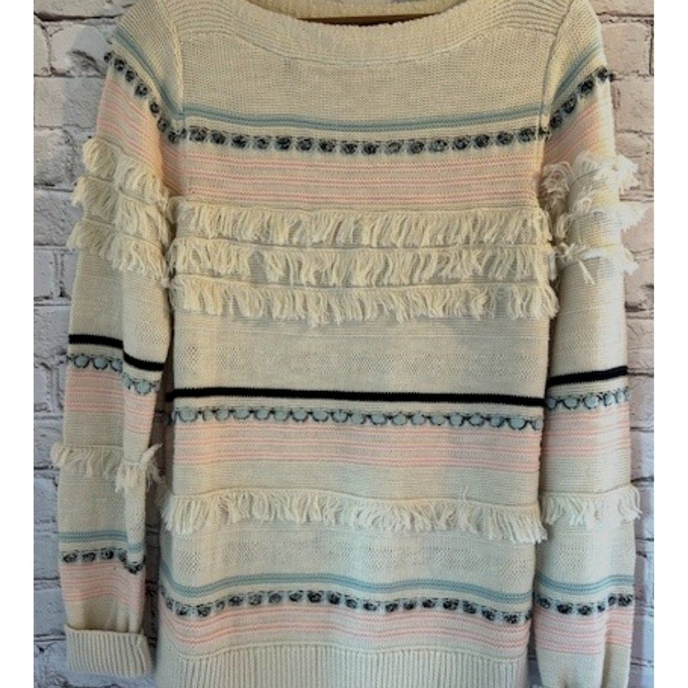 Ann Taylor LOFT Women's Boatneck Fringe Stripe Cotton Sweater Sz Small